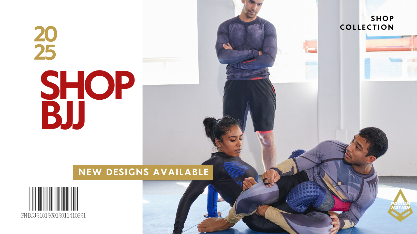 Advertisement for Shop BJJ with two people in martial arts gear on a white background