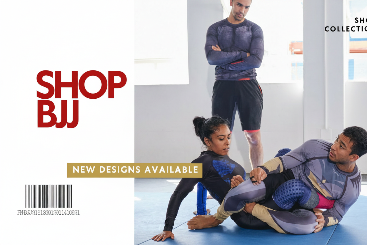 Advertisement for Shop BJJ with two people in martial arts gear on a white background