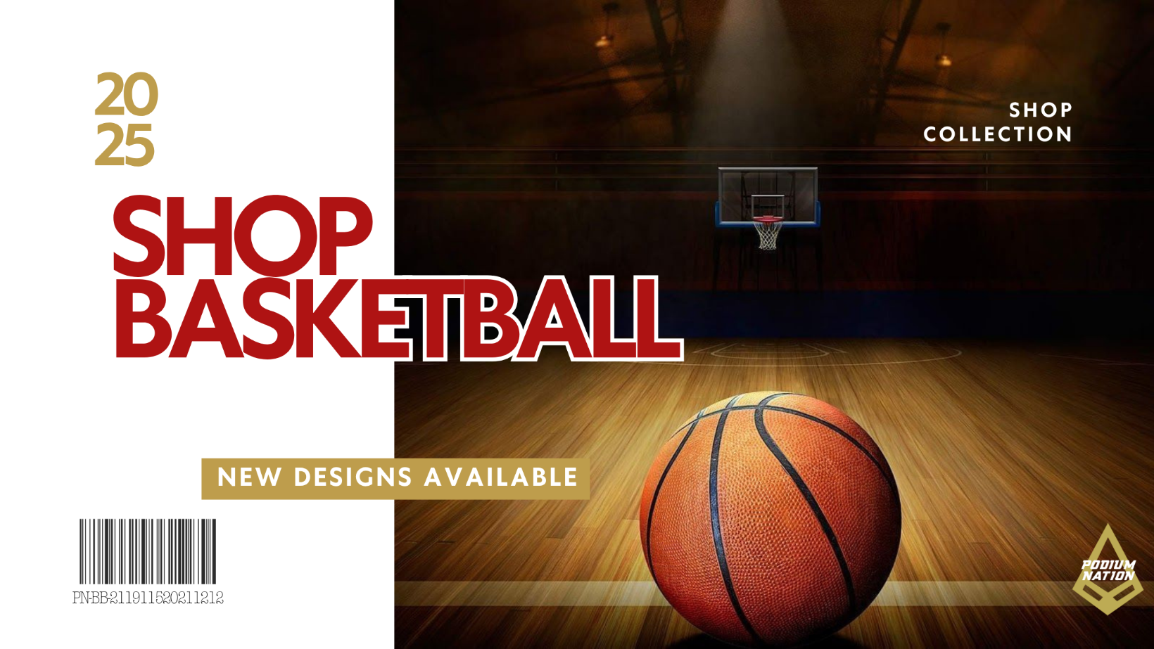 Basketball on a wooden court with promotional text for a basketball shop collection.