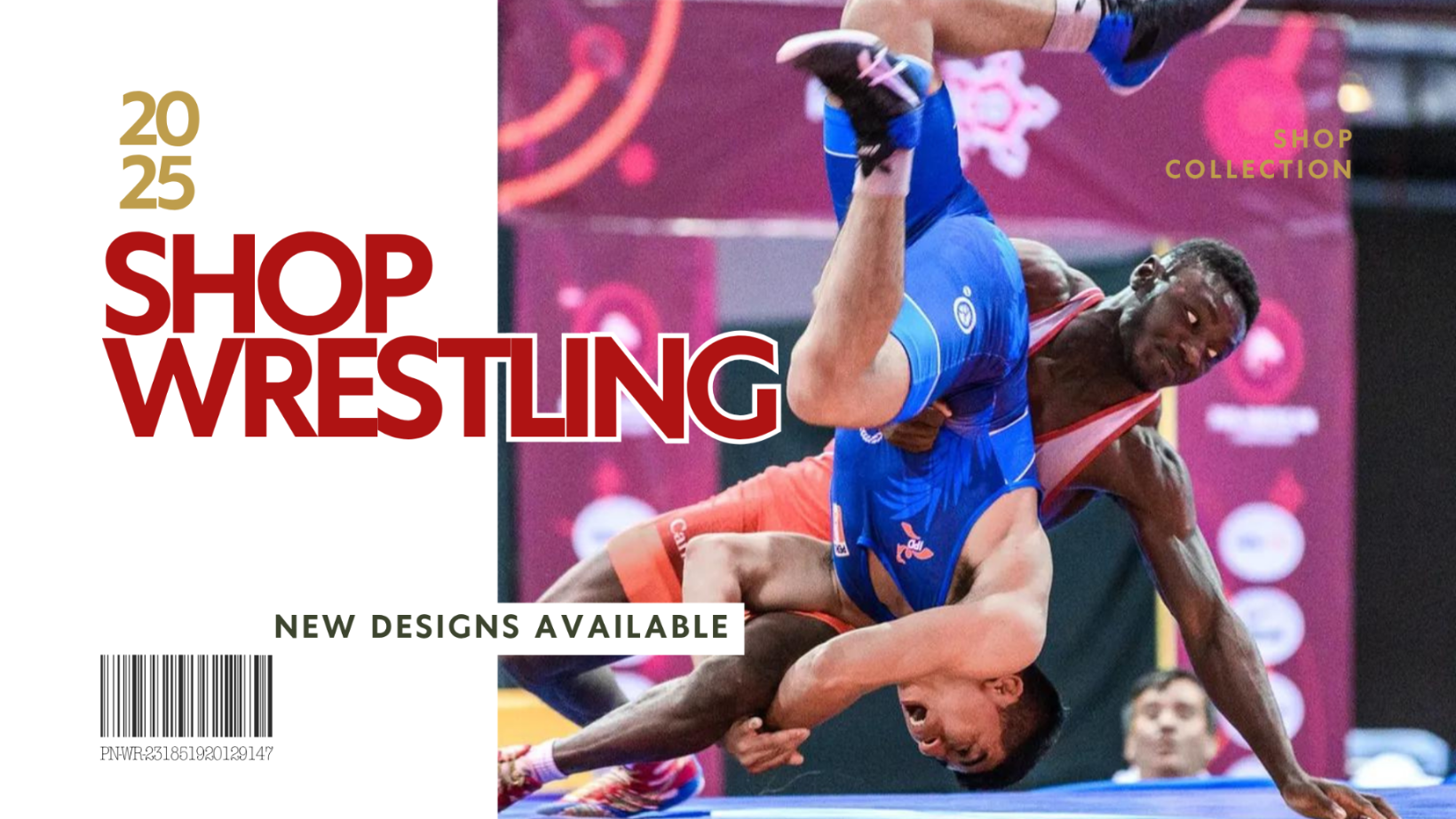 Wrestling magazine cover with two wrestlers in action, featuring text about new designs available.