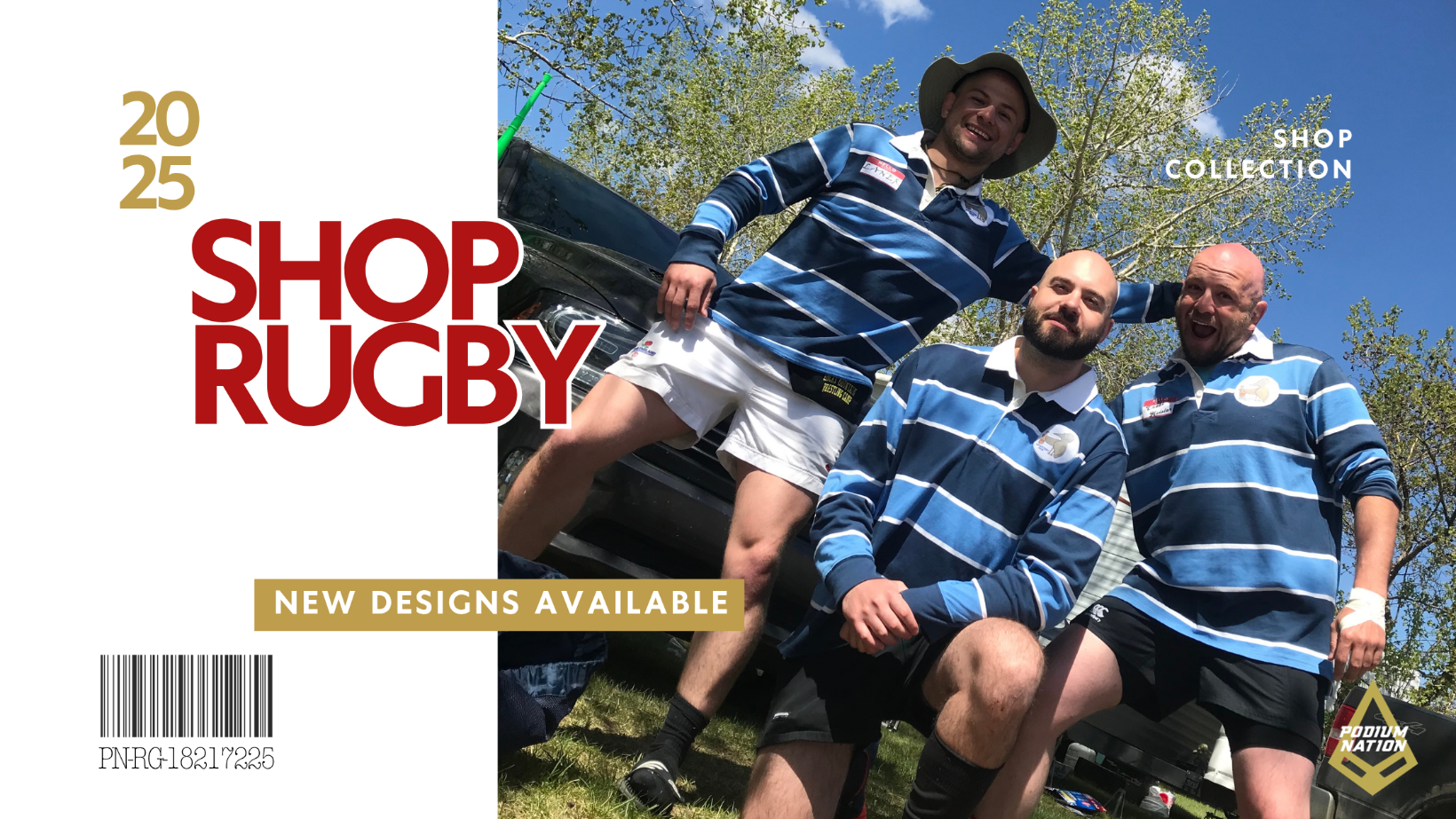 Three men in rugby jerseys posing outdoors with promotional text for Shop Rugby.