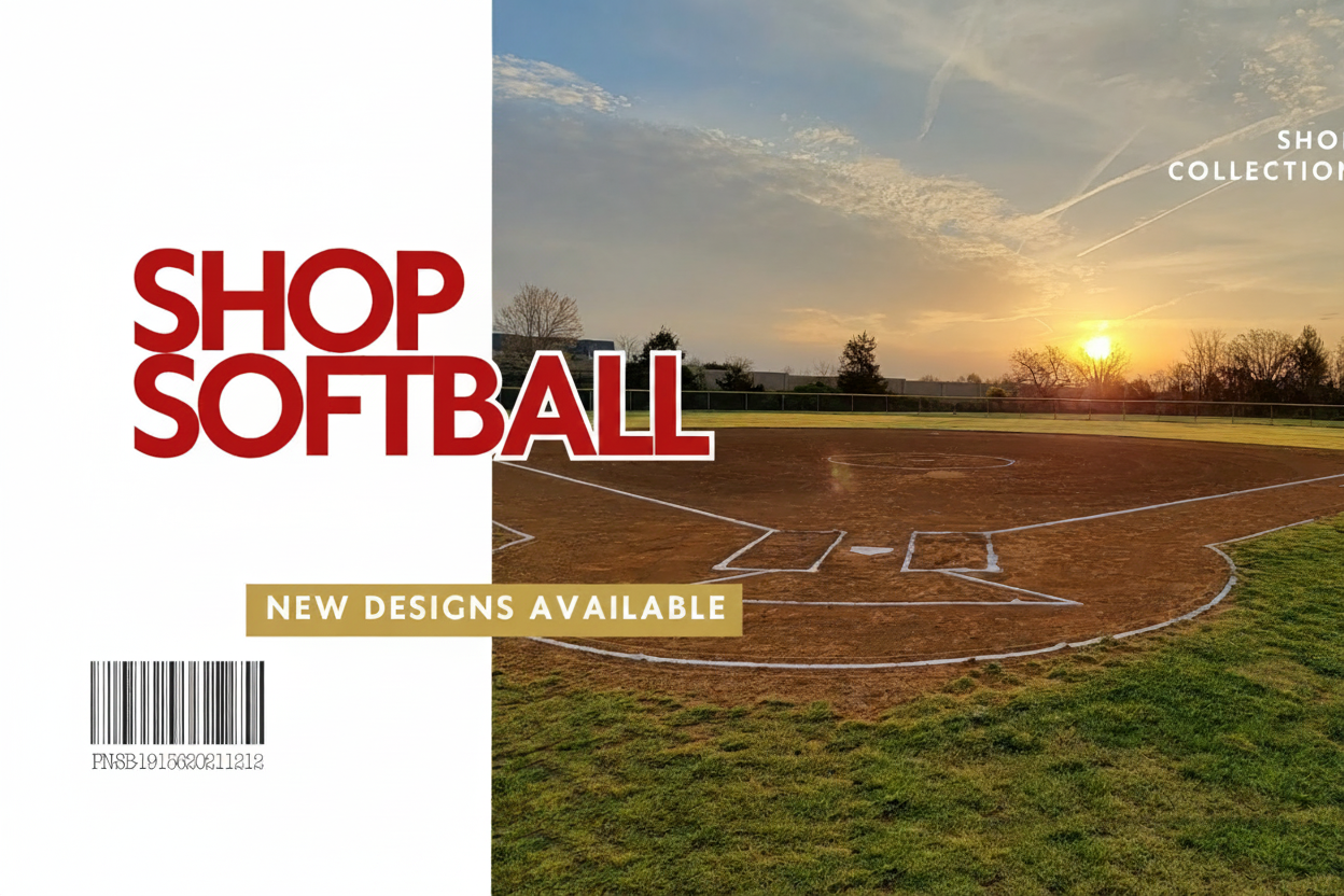 Promotional image for a softball shop with a baseball field at sunset.