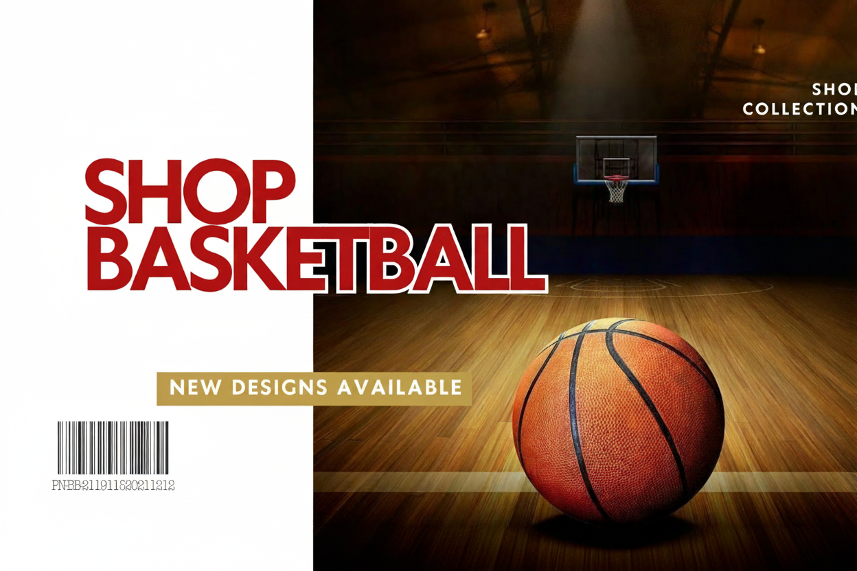 Basketball on a wooden court with promotional text for a basketball shop collection.