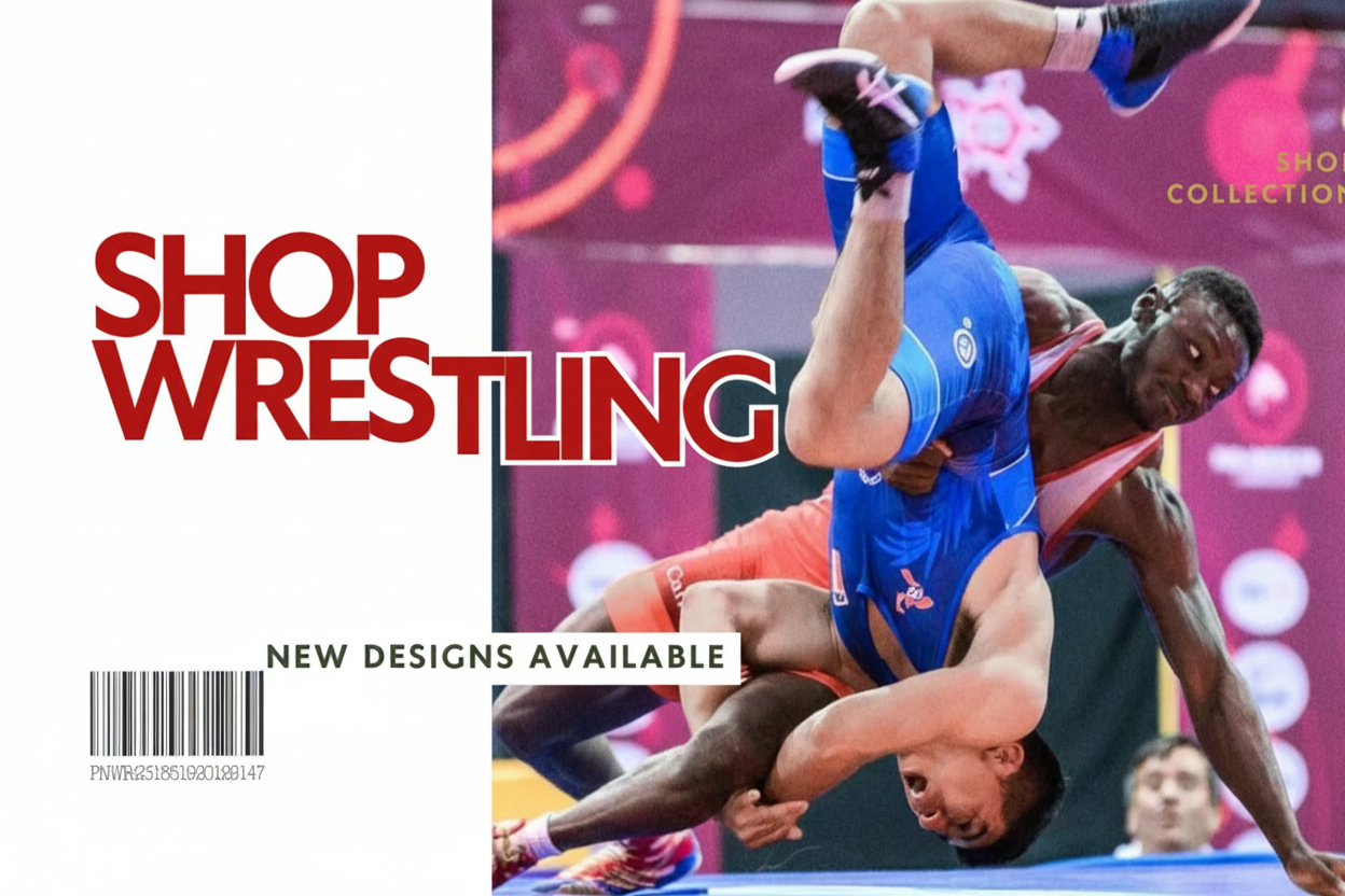 Wrestling magazine cover with two wrestlers in action, featuring text about new designs available.