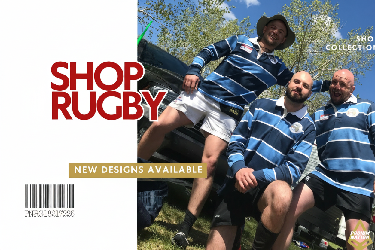 Three men in rugby jerseys posing outdoors with promotional text for Shop Rugby.