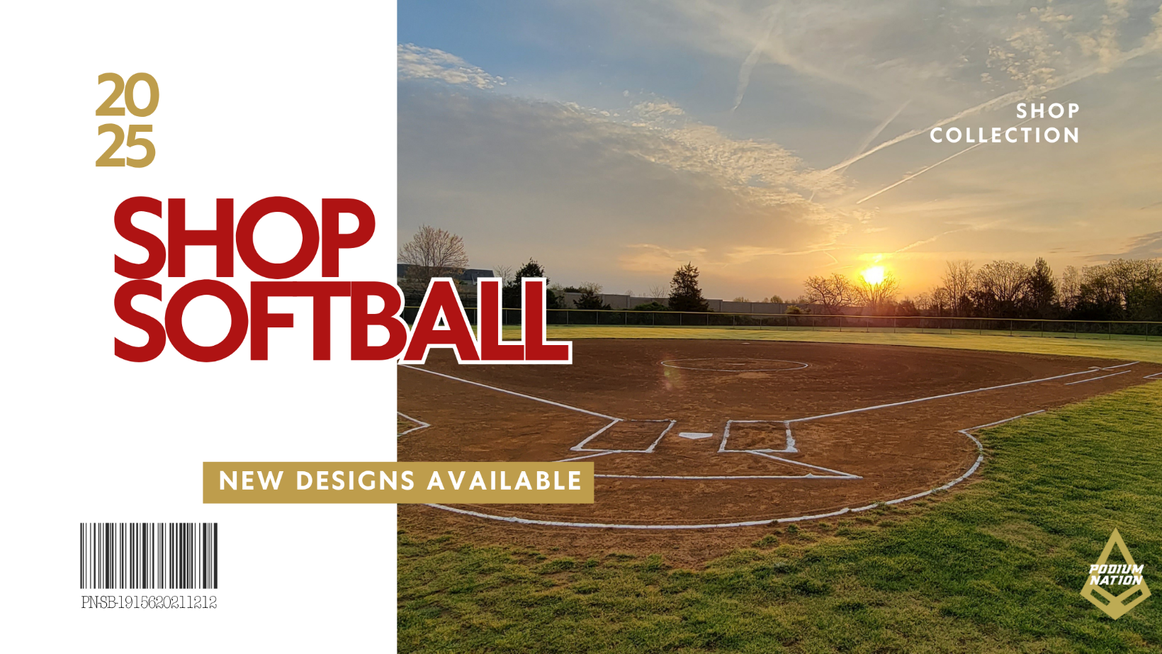 Promotional image for a softball shop with a baseball field at sunset.